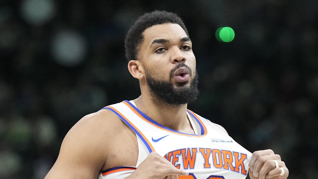 Feb 27, 2026; Milwaukee, Wisconsin, USA; New York Knicks center/forward Karl-Anthony Towns (32) before the tip off against the Milwaukee Bucks at Fiserv Forum. Mandatory Credit: Michael McLoone-Imagn Images