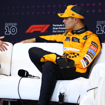 2nd placed qualifier Max Verstappen of the Netherlands and Oracle Red Bull Racing and Pole position qualifier Lando Norris of Great Britain and McLaren attend the press conference after qualifying ahead of the F1 Grand Prix of Spain at Circuit de Barcelona-Catalunya on June 22, 2024 in Barcelona, Spain. (Photo by Clive Rose/Getty Images)
