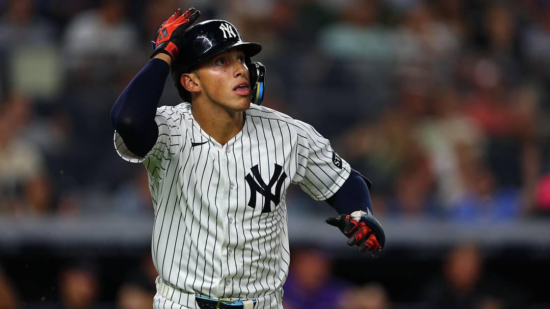 Sep 9, 2026; Bronx, New York, USA; New York Yankees shortstop George Lombard Jr. (96) looks up at his grand slam home run Sep 9, 2026; Bronx, New York, USA; New York Yankees shortstop George Lombard Jr. (96) looks up at his grand slam home run