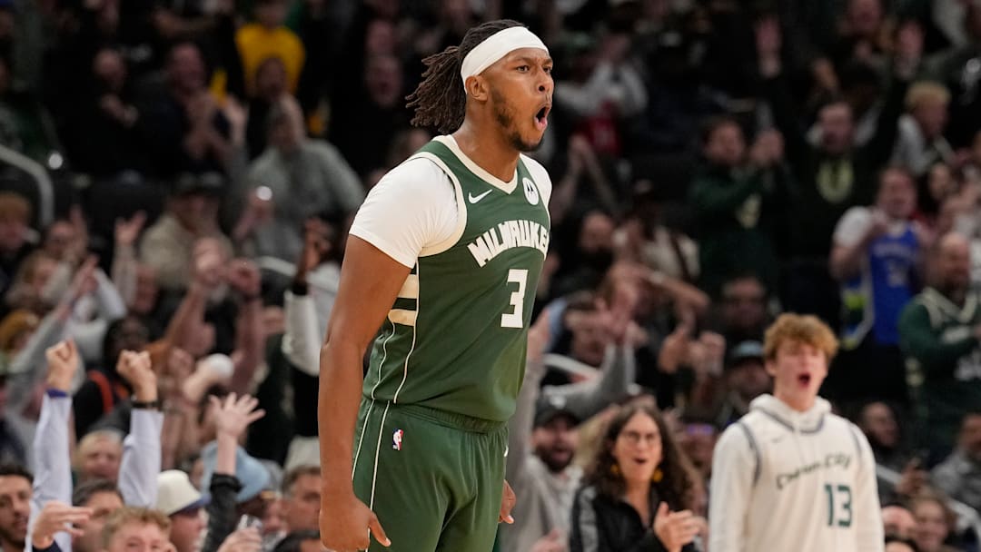 Milwaukee Bucks center Myles Turner (3) celebrating during a game against the Golden State Warriors.