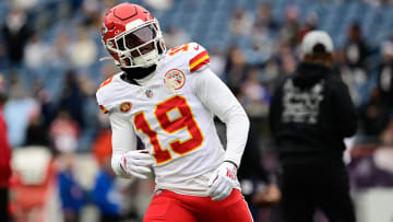 Dec 17, 2023; Foxborough, Massachusetts, USA; Kansas City Chiefs wide receiver Kadarius Toney (19) warms up before a game against the New England Patriots at Gillette Stadium. Mandatory Credit: Eric Canha-USA TODAY Sports