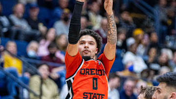 February 22, 2024; Berkeley, California, USA; Oregon State Beavers guard Jordan Pope (0) shoots the ball against California. 