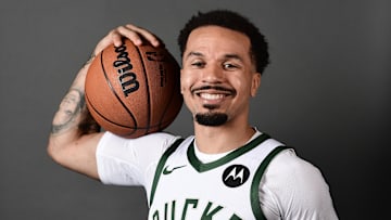 Milwaukee Bucks guard Cole Anthony poses for a picture during Milwaukee Bucks Media Day at the Fiserv Forum on September 29.
