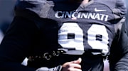 Cincinnati Bearcats defensive end Rob Jackson (99) runs during the Cincinnati Bearcats football spring practice at Nippert Stadium on Saturday, April 12, 2025.