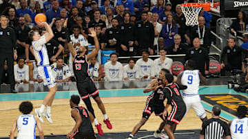 Duke forward and NBA Draft star Cooper Flagg shoots against Houston Cougars' J'Wan Roberts during the 2025 NCAA Tournament