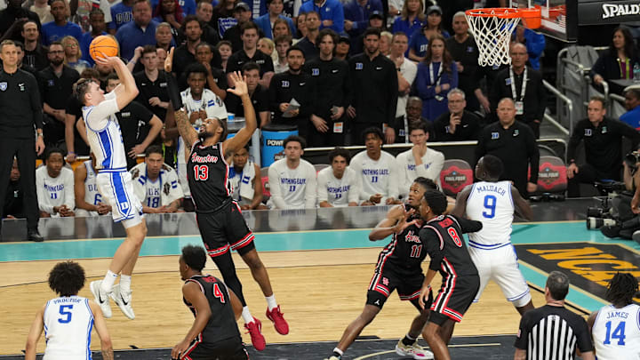 Duke forward and NBA Draft star Cooper Flagg shoots against Houston Cougars' J'Wan Roberts during the 2025 NCAA Tournament