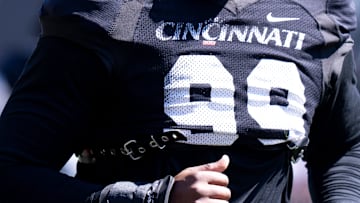 Cincinnati Bearcats defensive end Rob Jackson (99) runs during the Cincinnati Bearcats football spring practice at Nippert Stadium on Saturday, April 12, 2025.