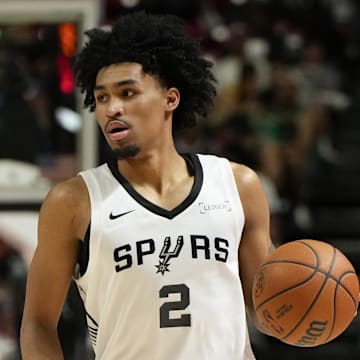 Jul 14, 2025; Las Vegas, NV, USA; San Antonio Spurs guard Dylan Harper dribbles the ball against the Utah Jazz during the second half of a NBA basketball game at the Thomas & Mack Center. Mandatory Credit: Lucas Peltier-Imagn Images
