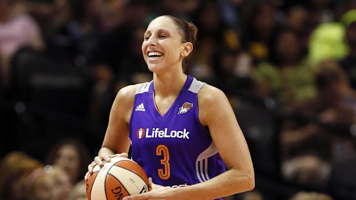 Aug 17, 2013; San Antonio, TX, USA; Phoenix Mercury player  Diana Taurasi (3) reacts during the second half against the San Antonio Silver Stars at the AT&T center. The Silver Stars won 88-82. Mandatory Credit: Soobum Im-Imagn Images