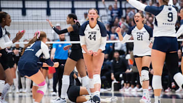 Penn State women's volleyball middle blocker Maggie Mendelson celebrating