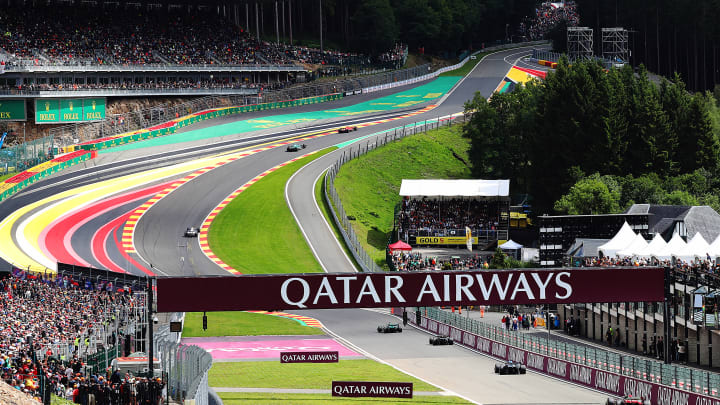 Fernando Alonso of Spain driving the (14) Aston Martin AMR23 Mercedes leads Daniel Ricciardo of Australia driving the (3) Scuderia AlphaTauri AT04 on track during the F1 Grand Prix of Belgium at Circuit de Spa-Francorchamps on July 30, 2023 in Spa, Belgium. (Photo by Peter Fox/Getty Images)