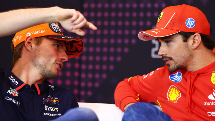 Max Verstappen of the Netherlands and Oracle Red Bull Racing and Charles Leclerc of Monaco and Ferrari talk in the Drivers Press Conference during previews ahead of the F1 Grand Prix of Austria at Red Bull Ring on June 27, 2024 in Spielberg, Austria. 