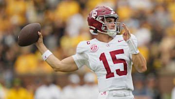 Oct 11, 2025; Columbia, Missouri, USA; Alabama Crimson Tide quarterback Ty Simpson (15) throws against the Missouri Tigers during the first half of the game at Faurot Field at Memorial Stadium. Mandatory Credit: Jay Biggerstaff-Imagn Images