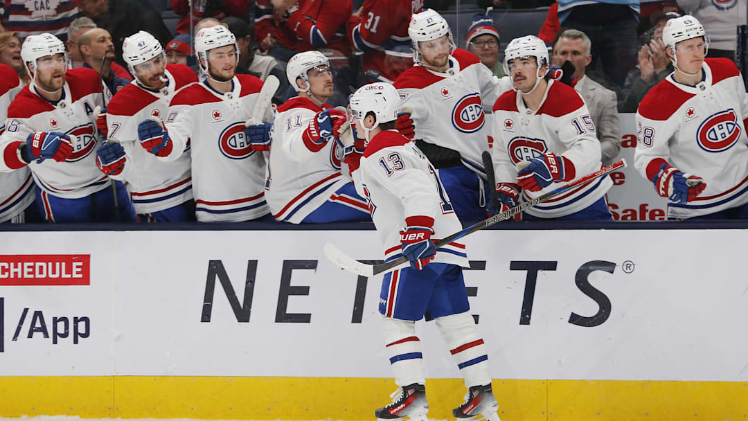 Nov 27, 2024; Columbus, Ohio, USA; Montreal Canadiens right wing  Cole Caufield (13) celebrates his goal against the Columbus Blue Jackets during the second period at Nationwide Arena. Mandatory Credit: Russell LaBounty-Imagn Images