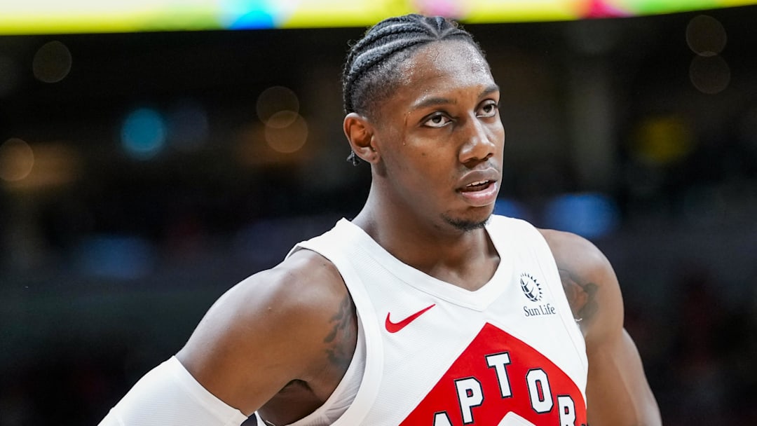 Oct 17, 2025; Toronto, Ontario, CAN; Toronto Raptors forward/guard RJ Barrett (9) looks on against the Brooklyn Nets during the second half at Scotiabank Arena. Mandatory Credit: Kevin Sousa-Imagn Images
