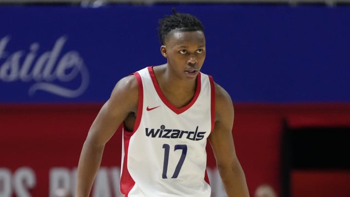 Jul 12, 2024; Las Vegas, NV, USA;  Washington Wizards guard Bub Carrington (17)  dribbles the ball against the Atlanta Hawks during the second half at Thomas & Mack Center. Mandatory Credit: Lucas Peltier-USA TODAY Sports