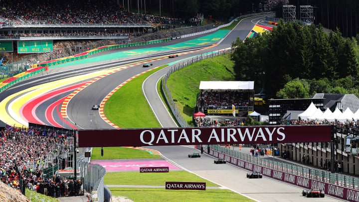 Fernando Alonso of Spain driving the (14) Aston Martin AMR23 Mercedes leads Daniel Ricciardo of Australia driving the (3) Scuderia AlphaTauri AT04 on track during the F1 Grand Prix of Belgium at Circuit de Spa-Francorchamps on July 30, 2023 in Spa, Belgium. (Photo by Peter Fox/Getty Images)