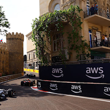 Nyck de Vries of Netherlands driving the (21) Scuderia AlphaTauri AT04 follows Zhou Guanyu of China driving the (24) Alfa Romeo F1 C43 Ferrari during the F1 Grand Prix of Azerbaijan at Baku City Circuit on April 30, 2023 in Baku, Azerbaijan. (Photo by Alex Pantling/Getty Images)