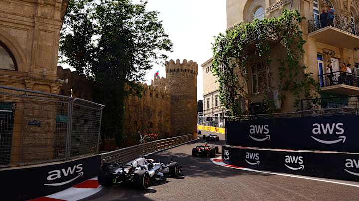 Nyck de Vries of Netherlands driving the (21) Scuderia AlphaTauri AT04 follows Zhou Guanyu of China driving the (24) Alfa Romeo F1 C43 Ferrari during the F1 Grand Prix of Azerbaijan at Baku City Circuit on April 30, 2023 in Baku, Azerbaijan. (Photo by Alex Pantling/Getty Images)