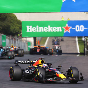 Max Verstappen of the Netherlands driving the (1) Oracle Red Bull Racing RB19 leads Charles Leclerc of Monaco driving the (16) Ferrari SF-23 during the F1 Grand Prix of Italy at Autodromo Nazionale Monza on September 03, 2023 in Monza, Italy. 