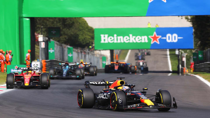 Max Verstappen of the Netherlands driving the (1) Oracle Red Bull Racing RB19 leads Charles Leclerc of Monaco driving the (16) Ferrari SF-23 during the F1 Grand Prix of Italy at Autodromo Nazionale Monza on September 03, 2023 in Monza, Italy. 