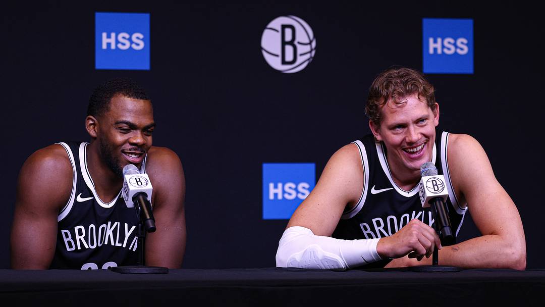 Sep 28, 2026; Brooklyn, NY, USA; Brooklyn Nets center Day'ron Sharpe (20) and center Moritz Wagner (13) talk with media at Brooklyn Nets HSS Training Center. Mandatory Credit: Vincent Carchietta-Imagn Images Sep 28, 2026; Brooklyn, NY, USA; Brooklyn Nets center Day'ron Sharpe (20) and center Moritz Wagner (13) talk with media at Brooklyn Nets HSS Training Center. Mandatory Credit: Vincent Carchietta-Imagn Images
