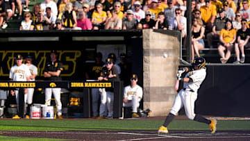 Iowa’s Caleb Wulf (1) bats against Oregon during a Big Ten conference baseball game May 15, 2025 at Duane Banks Field in Iowa City, Iowa.