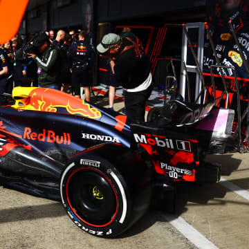 A detail view of the livery of the car of Max Verstappen of the Netherlands and Oracle Red Bull Racing during previews ahead of the F1 Grand Prix of Great Britain at Silverstone Circuit on July 04, 2024 in Northampton, England.