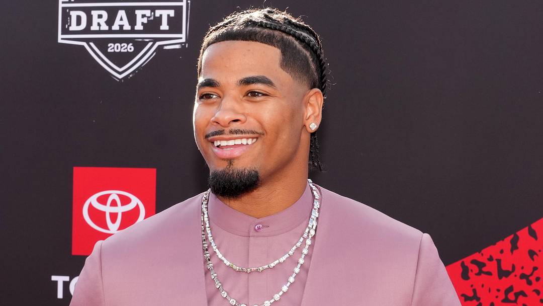 LSU Tigers defensive back Mansoor Delane, a graduate of Archbishop Spalding, poses on the red carpet before the 2026 NFL Draft at Point State Park.