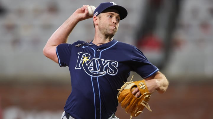 Jun 14, 2024; Atlanta, Georgia, USA; Tampa Bay Rays relief pitcher Jason Adam (47) throws against the Atlanta Braves in the eighth inning at Truist Park.