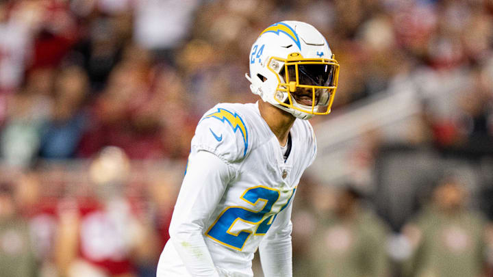 November 13, 2022; Santa Clara, California, USA; Los Angeles Chargers safety Nasir Adderley (24) during the first quarter against the San Francisco 49ers at Levi's Stadium. Mandatory Credit: Kyle Terada-Imagn Images