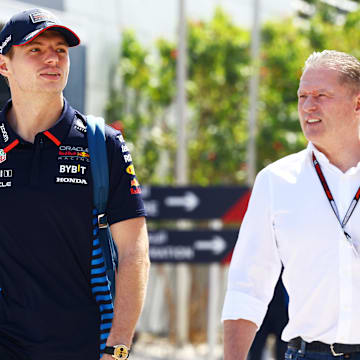 BAHRAIN, BAHRAIN - FEBRUARY 29: Max Verstappen of the Netherlands and Oracle Red Bull Racing and Jos Verstappen walk in the Paddock prior to practice ahead of the F1 Grand Prix of Bahrain at Bahrain International Circuit on February 29, 2024 in Bahrain, Bahrain. (Photo by Mark Thompson/Getty Images)