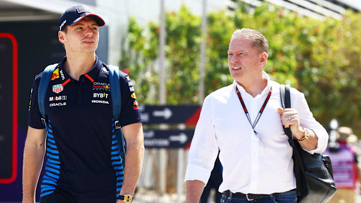 BAHRAIN, BAHRAIN - FEBRUARY 29: Max Verstappen of the Netherlands and Oracle Red Bull Racing and Jos Verstappen walk in the Paddock prior to practice ahead of the F1 Grand Prix of Bahrain at Bahrain International Circuit on February 29, 2024 in Bahrain, Bahrain. (Photo by Mark Thompson/Getty Images)
