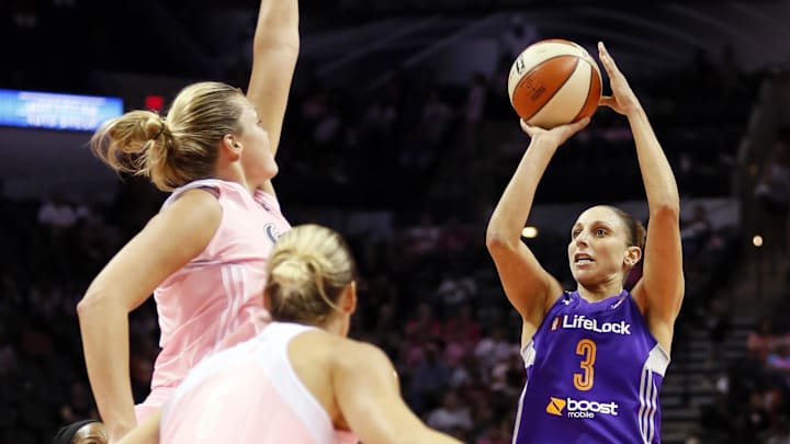 Aug 17, 2013; San Antonio, TX, USA; Phoenix Mercury guard Diana Taurasi (3) takes a shot over San Antonio Silver Stars center Jayne Appel (32) during the first half at the AT&T Center. Mandatory Credit: Soobum Im-Imagn Images Aug 17, 2013; San Antonio, TX, USA; Phoenix Mercury guard Diana Taurasi (3) takes a shot over San Antonio Silver Stars center Jayne Appel (32) during the first half at the AT&T Center. Mandatory Credit: Soobum Im-Imagn Images