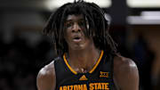 Jan 18, 2025; Cincinnati, Ohio, USA;  Arizona State Sun Devils forward Jayden Quaintance (21) controls the ball against the Cincinnati Bearcats in the second half at Fifth Third Arena. Mandatory Credit: Aaron Doster-Imagn Images