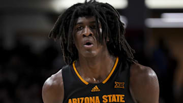 Jan 18, 2025; Cincinnati, Ohio, USA;  Arizona State Sun Devils forward Jayden Quaintance (21) controls the ball against the Cincinnati Bearcats in the second half at Fifth Third Arena. Mandatory Credit: Aaron Doster-Imagn Images