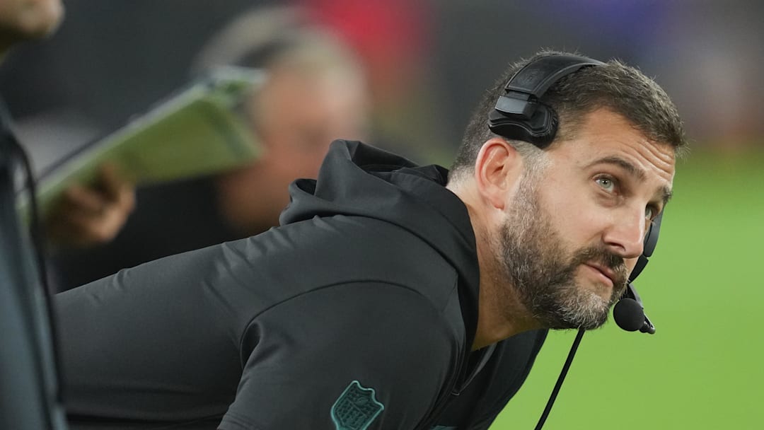 Aug 9, 2024; Baltimore, Maryland, USA; Philadelphia Eagles head coach Nick Sirianni looks at the scoreboard in the fourth quarter against the Baltimore Ravens at M&T Bank Stadium. Mandatory Credit: Mitch Stringer-Imagn Images