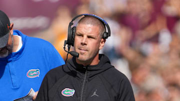Nov 5, 2022; College Station, Texas, USA;  Florida Gators head coach Billy Napier looks on in the first half against the Texas A&M Aggies at Kyle Field. Mandatory Credit: Daniel Dunn-Imagn Images