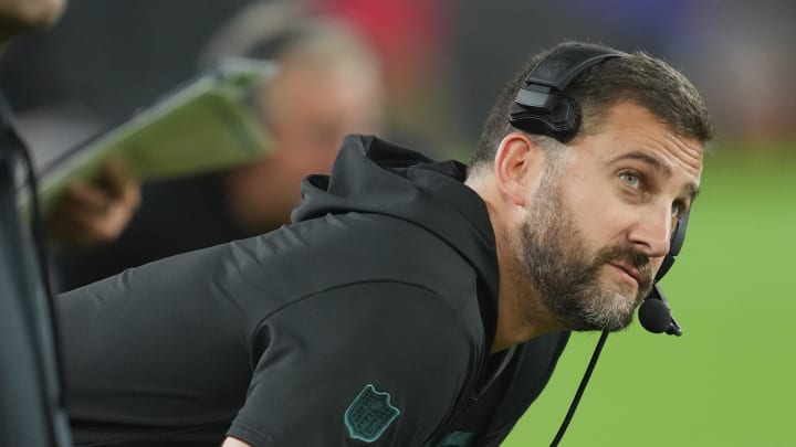 Aug 9, 2024; Baltimore, Maryland, USA; Philadelphia Eagles head coach Nick Sirianni looks at the scoreboard in the fourth quarter against the Baltimore Ravens at M&T Bank Stadium. Mandatory Credit: Mitch Stringer-USA TODAY Sports