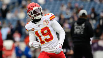 Dec 17, 2023; Foxborough, Massachusetts, USA; Kansas City Chiefs wide receiver Kadarius Toney (19) warms up before a game against the New England Patriots at Gillette Stadium. Mandatory Credit: Eric Canha-USA TODAY Sports