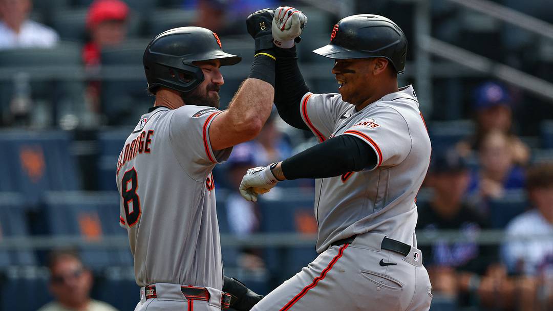 San Francisco Giants first baseman Rafael Devers (16) celebrates with designated hitter Bryce Eldridge (8) after hitting a solo home run. Credit: Vincent Carchietta-Imagn Images San Francisco Giants first baseman Rafael Devers (16) celebrates with designated hitter Bryce Eldridge (8) after hitting a solo home run. Credit: Vincent Carchietta-Imagn Images