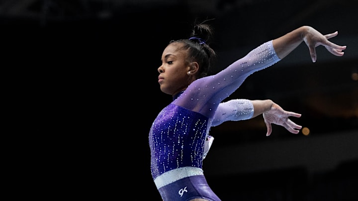 August 25, 2023; San Jose, California, USA; Zoe Miller performs on the balance beam during the 2023 U.S. Gymnastics Championships at SAP Center. 