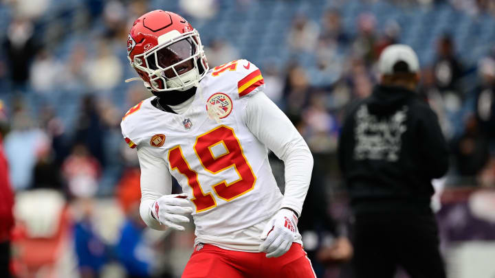 Dec 17, 2023; Foxborough, Massachusetts, USA; Kansas City Chiefs wide receiver Kadarius Toney (19) warms up before a game against the New England Patriots at Gillette Stadium. Mandatory Credit: Eric Canha-USA TODAY Sports