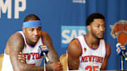 Sep 26, 2016; White Plains, NY, USA; New York Knicks forward Carmelo Anthony (left) addresses the media as point guard Derrick Rose looks on during the New York Knicks Media Day at Ritz-Carlton. 