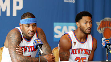 Sep 26, 2016; White Plains, NY, USA; New York Knicks forward Carmelo Anthony (left) addresses the media as point guard Derrick Rose looks on during the New York Knicks Media Day at Ritz-Carlton. 