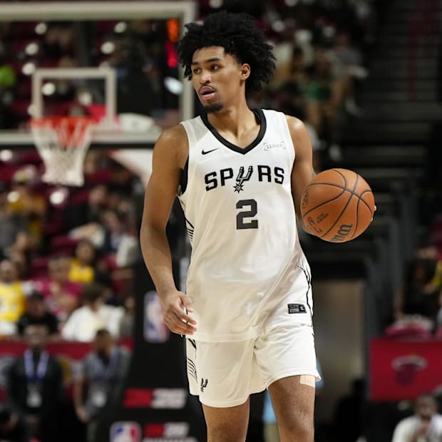 San Antonio Spurs guard Dylan Harper dribbles