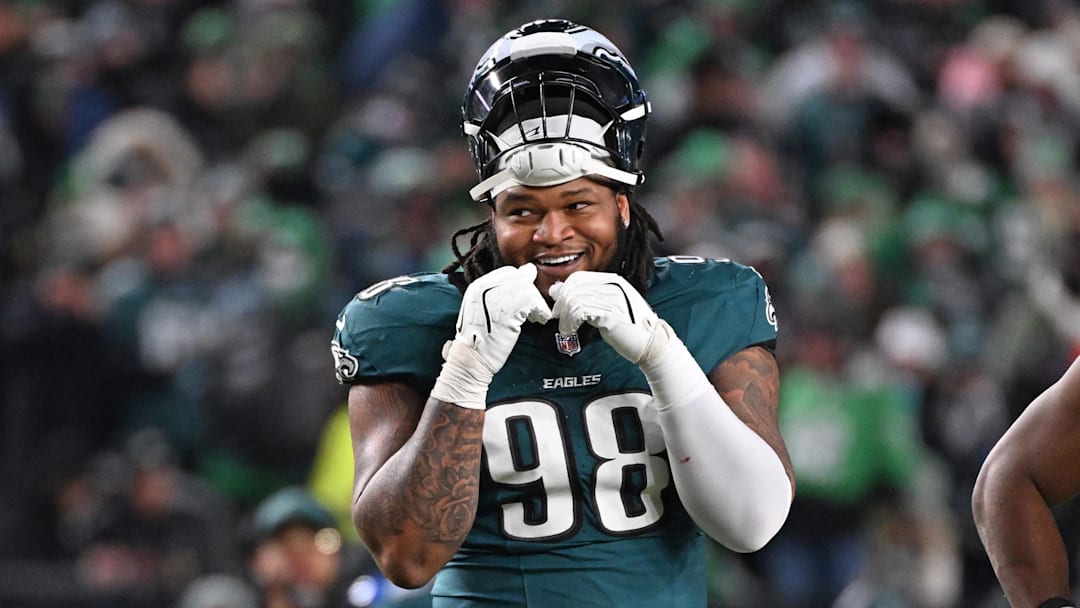 Jan 11, 2026; Philadelphia, PA, USA; Philadelphia Eagles defensive tackle Jalen Carter (98) against the San Francisco 49ers  in an NFC Wild Card Round game at Lincoln Financial Field. Mandatory Credit: Eric Hartline-Imagn Images