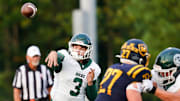 Trinity Shamrocks quarterback Zane Johnson (3) throws a pass in the first half of a high school football game between the Moeller Crusaders and Trinity Shamrocks, Friday, Sept. 5, 2025, at Mount St. Joseph University’s Schueler Field in Cincinnati. Shamrocks are up 14-3 by halftime.