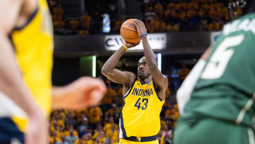 May 2, 2024; Indianapolis, Indiana, USA; Indiana Pacers forward Pascal Siakam (43) shoots the ball