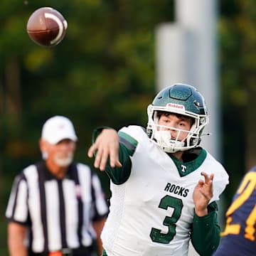Trinity Shamrocks quarterback Zane Johnson (3) throws a pass in the first half of a high school football game between the Moeller Crusaders and Trinity Shamrocks, Friday, Sept. 5, 2025, at Mount St. Joseph University’s Schueler Field in Cincinnati. Shamrocks are up 14-3 by halftime.